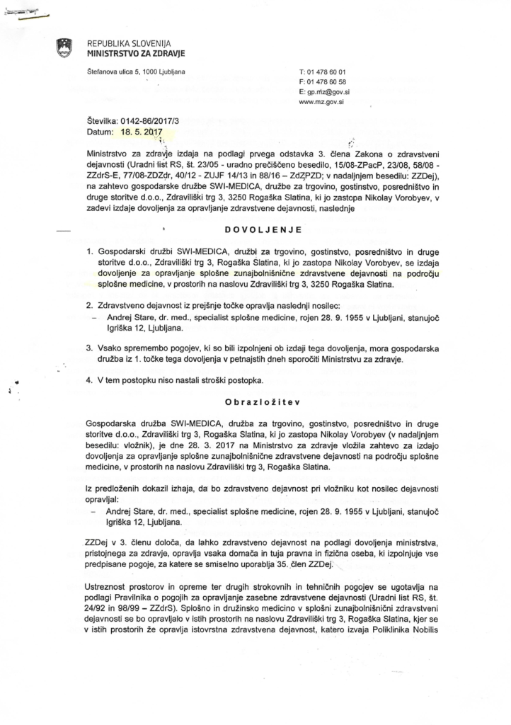 General medicine license–SWI-MEDICA Slovenia-page 1 of 3 – official healthcare activity permit issued by Ministry of Health