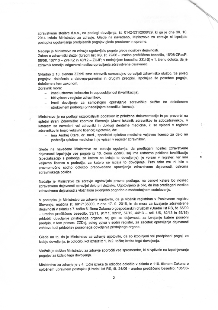 General medicine license–SWI-MEDICA Slovenia-page 2 of 3 – official healthcare activity permit issued by Ministry of Health