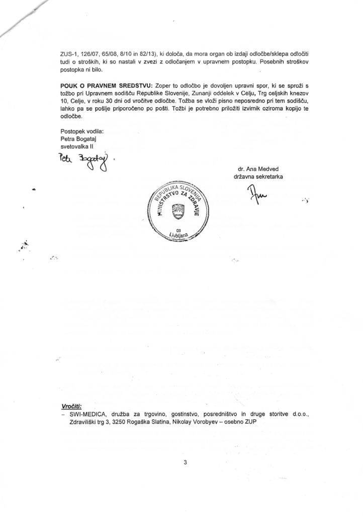 General medicine license–SWI-MEDICA Slovenia-page 3 of 3 – official healthcare activity permit issued by Ministry of Health