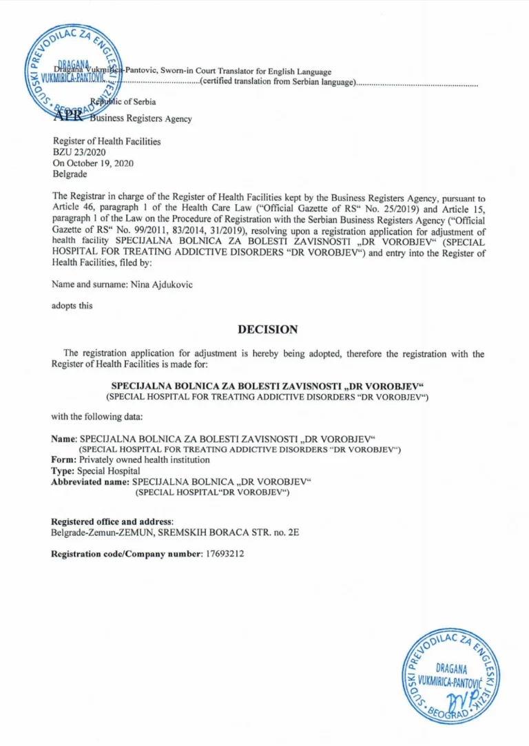 Medical license for addiction treatment clinic – Serbia – Dr Vorobjev – 2020 – page 1 of 6 – official document cover