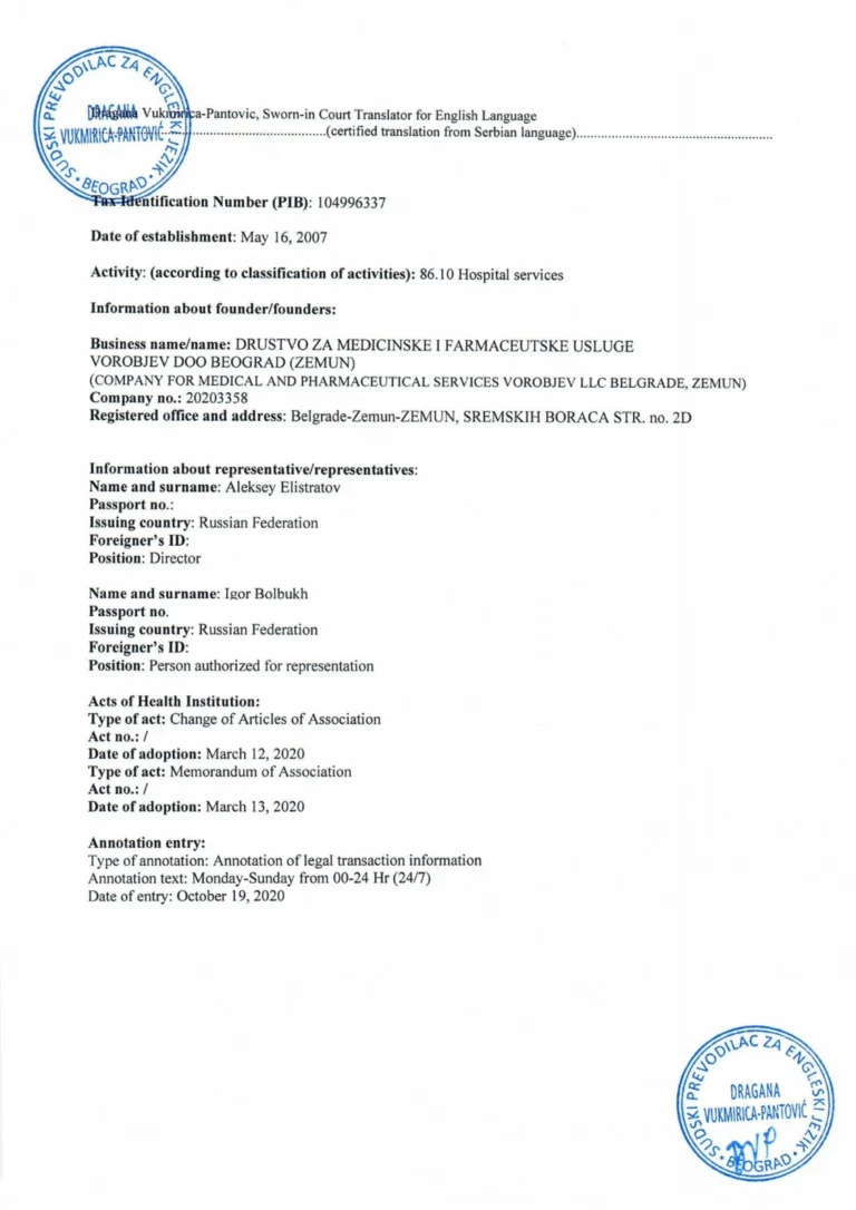 Medical license for addiction treatment clinic – Serbia – Dr Vorobjev – 2020 – page 2 of 6 – official document cover