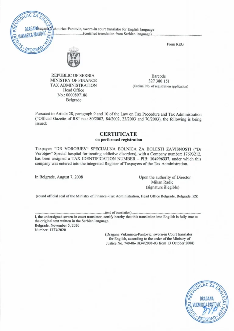 Medical license for addiction treatment clinic – Serbia – Dr Vorobjev – 2020 – page 6 of 6 – official document cover