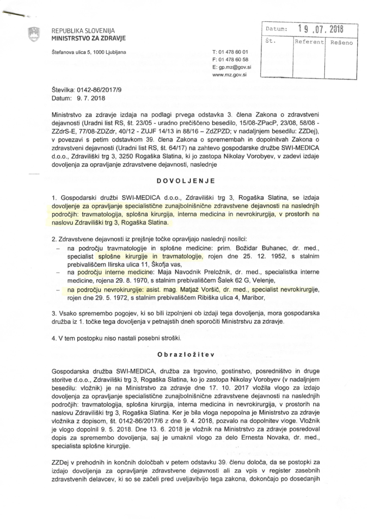 Specialist medical license – SWI-MEDICA Slovenia – page 1 of 4 – official permit for specialist healthcare activities